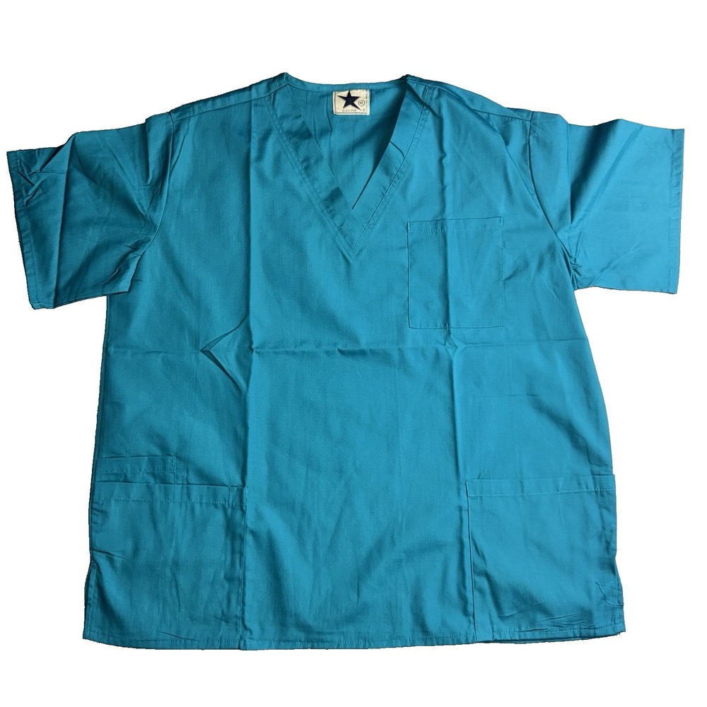 Black Star Unisex Scrub Top Size XL V Neck Medical Teal 3 Pocket